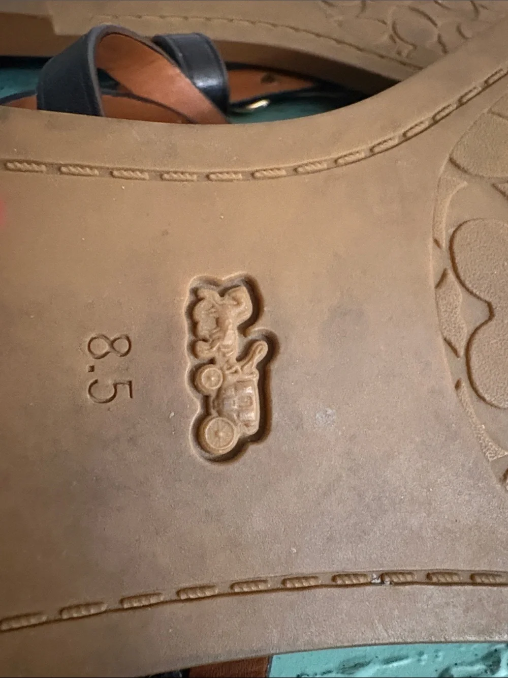 Coach Black Leather T-Strap Sandals with Gold Logo Charm